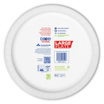 Back of a Dixie Ultra large plate showing product labels, barcode, certification icons and a red 'LARGE PLATE' label