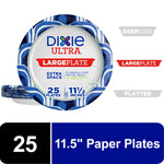 Packaged Dixie Ultra large paper plate with blue wave border showing branding, size and '25 plates' callouts