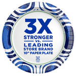 Blue patterned Dixie Ultra plate with large infographic text reading '3X STRONGER vs. leading store brand 10" paper plate'