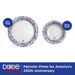 Two Dixie Ultra paper dishes showing 10-inch plate and matching 20 oz bowl with red, white and blue firework border