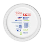 Back label view of a Dixie Ultra paper plate showing product branding, icons and certification marks on the reverse
