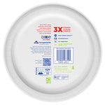 Reverse side of a Dixie Ultra paper plate showing product text, barcode, certification icons and company branding