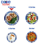 Infographic showing four Dixie Ultra plate and bowl sizes with product photos and Dixie Ultra logo