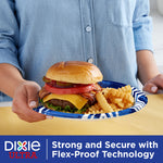 Hand presenting a Dixie Ultra blue-patterned paper plate holding a burger and fries, promotional banner below
