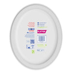 Back side of a Dixie Ultra oval platter showing product information, barcode, and certification icons printed on the white surface.