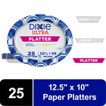 Single Dixie Ultra oval paper platter with blue patterned rim and text callouts showing 25 platters and 12.5 x 10 inches.