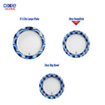 Graphic comparison showing three Dixie Ultra blue-rim plates labeled with sizes including 28oz DeepDish and 11½in large plate