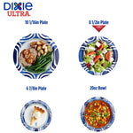 Graphic showing four Dixie Ultra plate and bowl sizes with images of food in each blue patterned dish and size labels