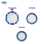 Graphic comparing three Dixie Ultra product shapes showing 11.5in large plate, 28oz deep dish and 34oz big bowl with blue wave rims