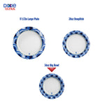 Graphic comparing plate and bowl sizes with labeled 11½in plate, 28oz DeepDish and 34oz Big Bowl images