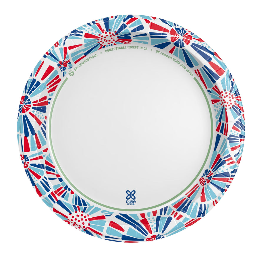 Top-down view of a Dixie Ultra paper plate with a red, white and blue floral/firework patterned rim