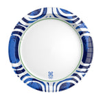 Top-down view of a blue patterned Dixie Ultra paper plate showing center logo and decorative rim