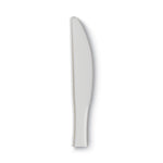 Close-up of the serrated blade portion of a white disposable plastic knife on white background