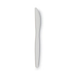 Single white medium-weight disposable plastic knife shown full-length on a white background