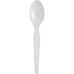 Single white heavy-weight disposable plastic spoon photographed on a plain white background