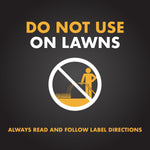 Warning graphic that reads 'Do not use on lawns' with an icon of a person applying product to grass crossed out.