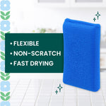 Blue Dobie non-scratch scrub sponge with text bullets reading flexible, non-scratch, fast drying