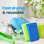Green and blue Dobie scrub sponges staged with clean dishes and text ‘Fast drying & reusable’