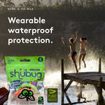 Lake dock scene with kids jumping into water and a Shubug package inset with text 'Wearable waterproof protection.'
