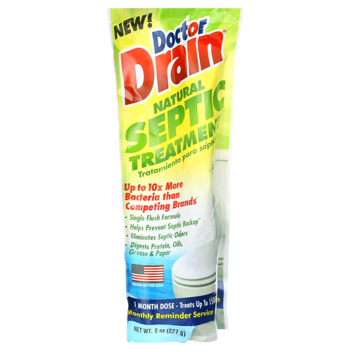 Tall pouch of Doctor Drain Natural Septic Treatment packaging with bold green text and toilet image
