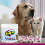 A dog and white cat sitting together with an OdoBan Pet OdoMagnet jar in the foreground and tagline 'Make life fresh'.