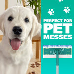 Lifestyle image with a dog and Swiffer Mop & Go head plus text declaring it perfect for pet messes against a teal panel.