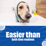 Golden retriever wrapped in a towel sitting in a bathtub above bold copy reading 'Easier than bath time routines'.