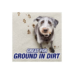 Gray dog standing on a carpet with muddy paw prints and text 'Great for ground in dirt'