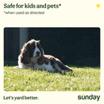 Dog lying on grass in a yard with copy claiming product is safe for kids and pets when used as directed