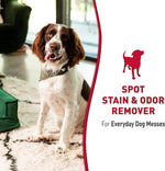 Lifestyle graphic showing a dog sitting on a rug beside text 'Spot Stain & Odor Remover' and a red dog silhouette.
