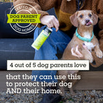 Person seated with dog on lap holding Pet Life Unlimited spray, badge reading "Dog parent approved" and text about 4 out of 5 dog parents