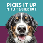 Close portrait of a happy dog against teal and purple background with text "Picks it up Pet Fluff & Other Stuff."