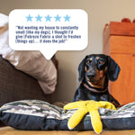 Dachshund on a pet bed with a five-star testimonial callout praising Febreze Fabric