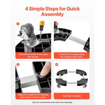 Four-step assembly infographic showing attaching casters, connecting panels with stainless tubes and locking the dolly