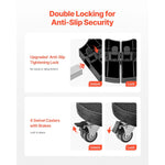 Close-up instructional graphic of dolly locking mechanism and swivel caster brake with lock/unlock labels