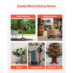 Collage of use-case photos showing dolly under umbrella base, whiskey barrel, potted plant, garbage bin and Christmas tree