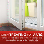 Door threshold close-up with dashed red treatment area and text advising where to spray when treating for ants