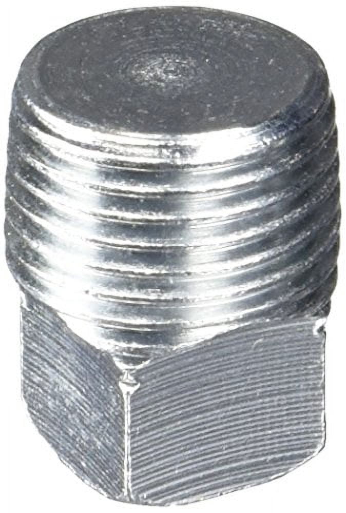 Close-up of a zinc-plated hex-head threaded pipe plug showing male pipe threads and flat top
