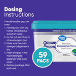 Close-up dosing instructions panel beside the Great Value dishwasher pac tub showing '59 PACS' callout