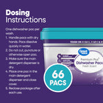 Purple dosing instructions panel showing usage steps and a partial Great Value Premium Plus Dishwasher Pacs package with a '66 PACS' badge.