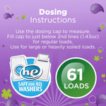 Dosage instruction graphic with HE washer icon and a green circle reading 61 loads on purple background