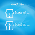 Dosing instructions graphic showing two measuring-cup icons and directions for regular and large loads on blue background.