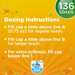 Orange dosing instructions panel for Great Value Ultimate Fresh fabric softener with safe for all washers badge