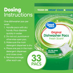 Green instructional panel showing dosing instructions alongside a close-up of Great Value Original Dishwasher Pacs pouch with 33 pac callout