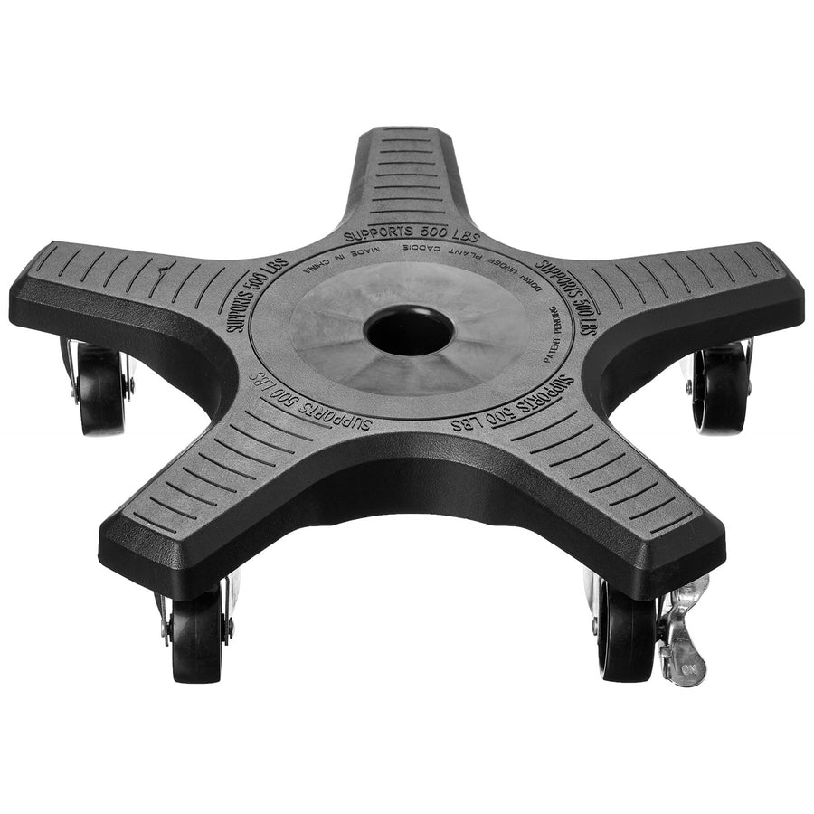 Black five-arm star plant caddy with swivel casters and central hole, top-front view