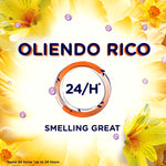 Bright floral graphic with 'SMELLING GREAT' and '24/H' circular emblem on a yellow white background for Downy