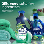 Downy product shot with folded towels and text claiming 25% more softening ingredients