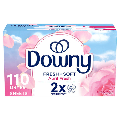 Box of Downy Fresh + Soft April Fresh dryer sheets with sky and pink petals design, labeled 110 dryer sheets.