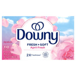 Downy Fresh + Soft April Fresh dryer sheets box with pink roses and blue-sky artwork and 110 sheets label.