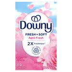 Vertical Downy Fresh + Soft April Fresh dryer sheets packaging featuring petals, a rose graphic, and 110 sheets callout.